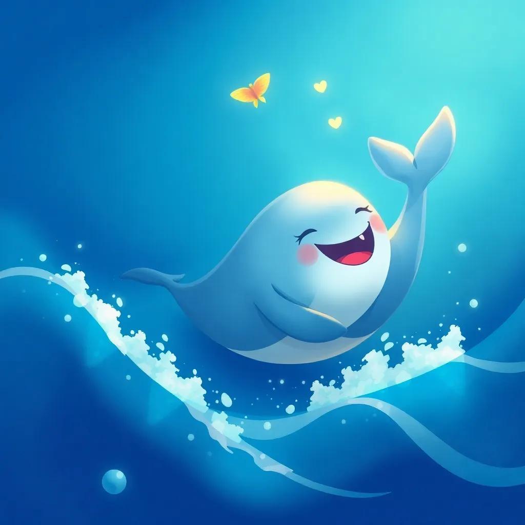 A magical whale swimming in a deep blue ocean, singing with joy, waves gently calming around her, illustration, whimsical, vibrant, enchanting atmosphere, high quality