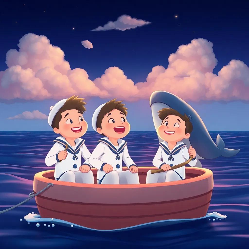 Sailors on a small boat smiling and listening to the whale's sweet song, under a dark sky with clouds, feeling safe, bright colors, cheerful, heartwarming scene