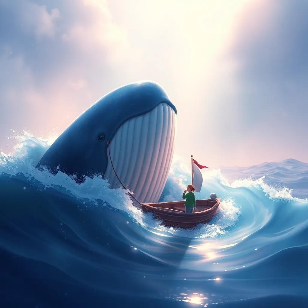 The whale close to the small boat, singing with all her heart, soft waves embracing the boat, detailed digital art, magical light, inviting and warm