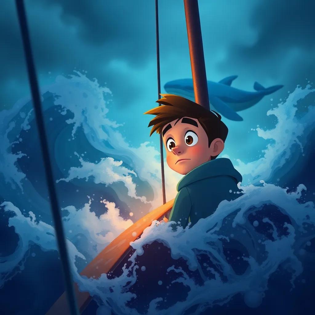 The lost sailor, looking worried on his boat in a storm, waves crashing but hearing the whale's song guiding him, dramatic colors, emotional and engaging