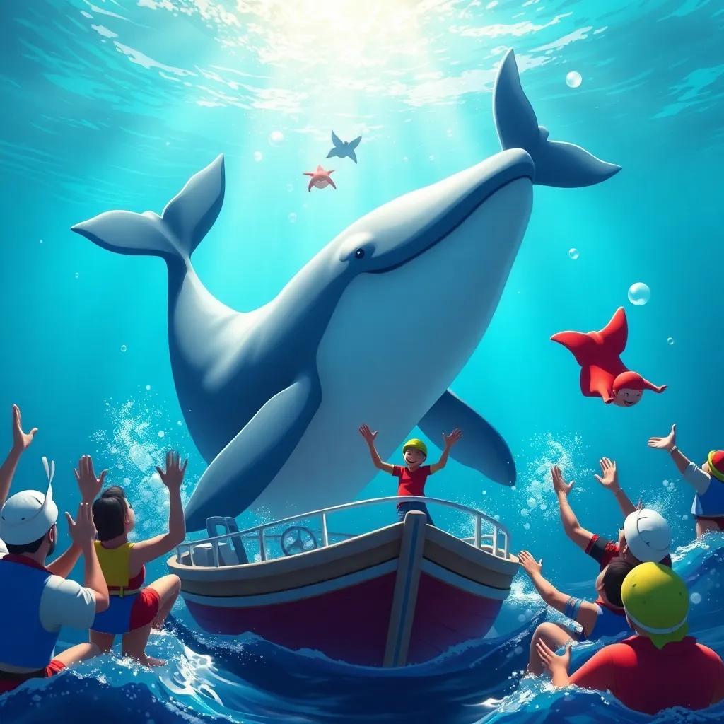 The whale joyfully surrounded by cheering sailors on the small boat, celebrating their friendship, marine environment, colorful, lively, uplifting imagery