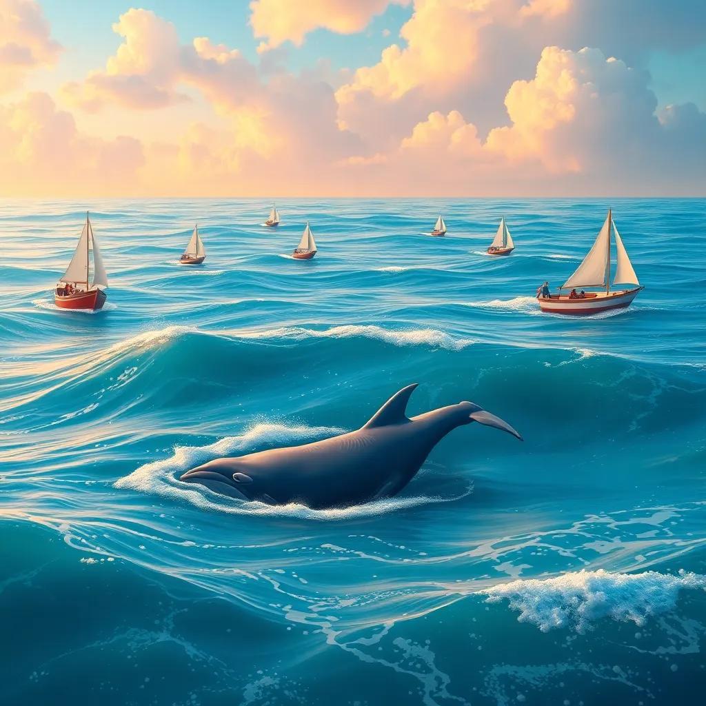 The ocean with several boats dancing on gentle waves, the whale swimming gracefully among them, colorful sky, vibrant, joyful, enchanting scene
