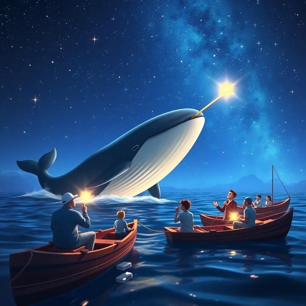 The whale singing under the stars, with sailors in their boats looking up with wonder, magical lighting, peaceful, celestial charm