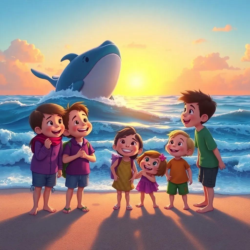 A group of children on the beach hearing the whale's song, with smiles on their faces, ocean waves at sunset, colorful, playful, joyful imagery
