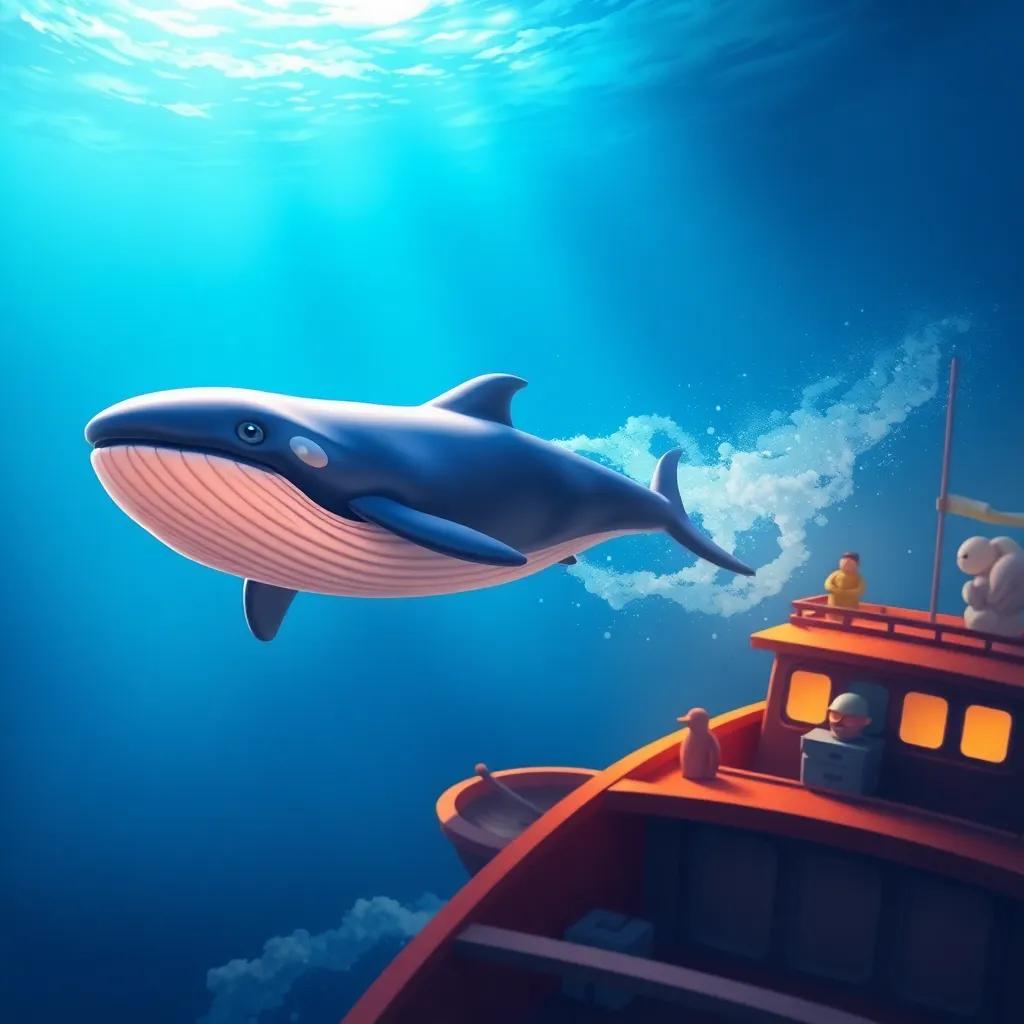 The whale swimming proudly in the ocean, with a soft glow, as boats return home safely; a sense of warmth and joy fills the scene, colorful, uplifting