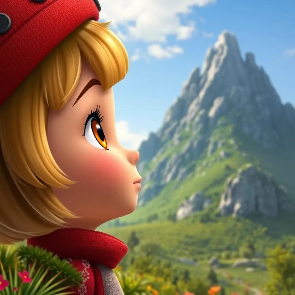 Una pequeña niña llamada Clara, con cabello rizado y ojos brillantes, mirando hacia una montaña verde, su gorra roja, paisaje acogedor, digital art, vibrante, cálido y alegre