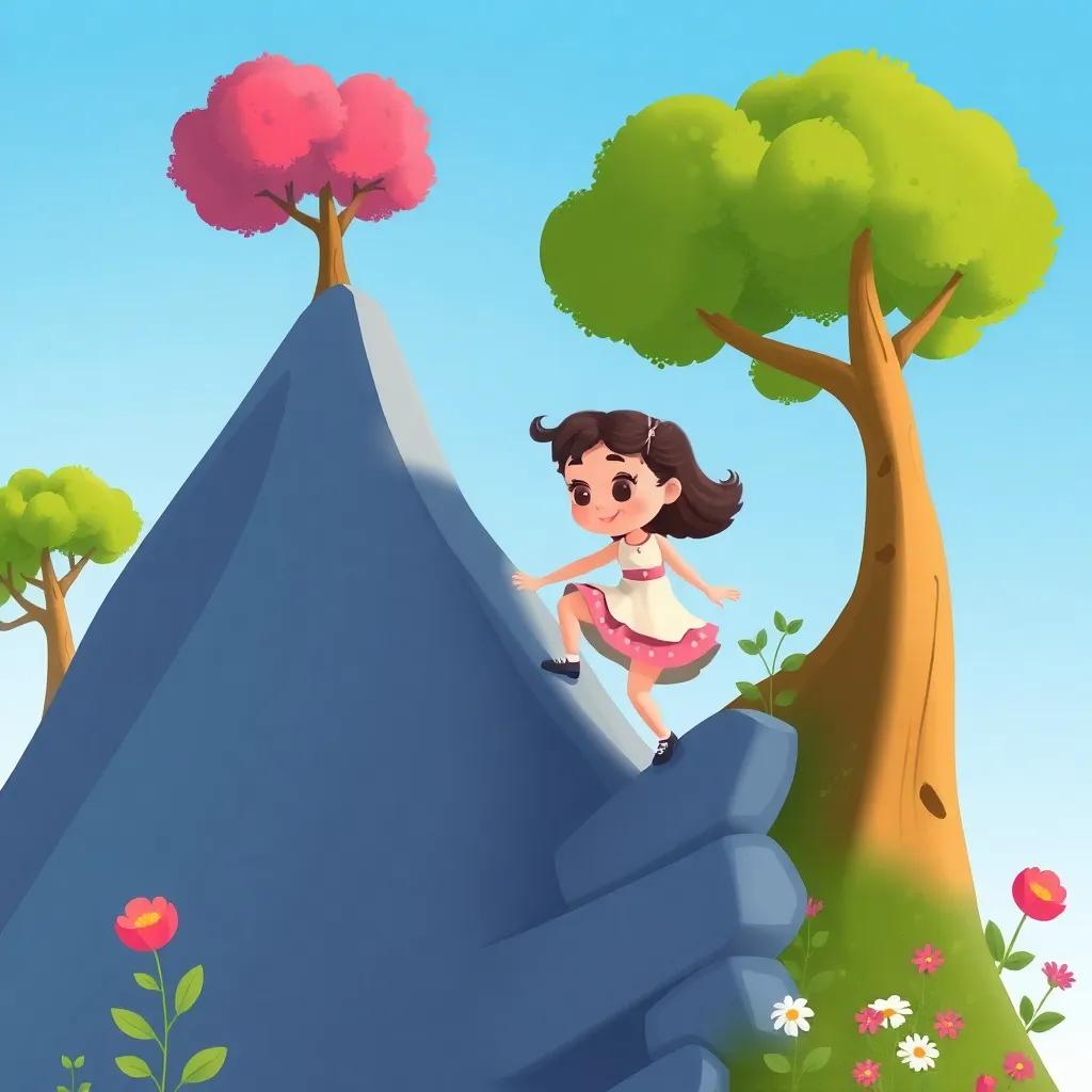 Clara, la niña curiosa, subiendo la montaña, con árboles y flores a su alrededor, el cielo azul, ilustración infantil, colorida, divertida