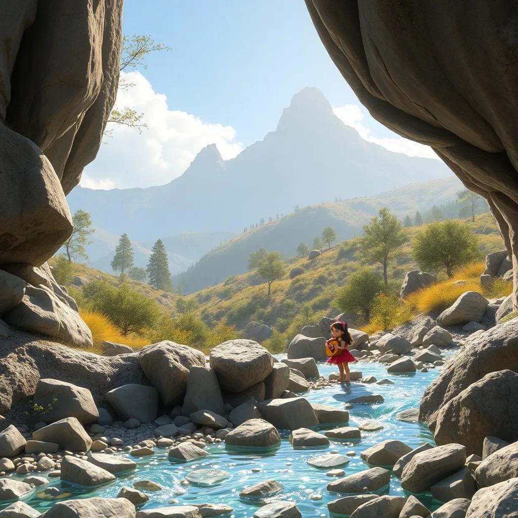 Una vista de la montaña, un arroyo cristalino lleno de piedras brillantes, con Clara jugando mientras escucha los pájaros, detallado, alegre, naturaleza vibrante