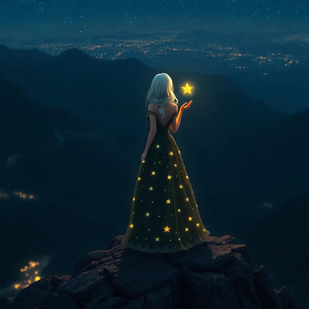 Una mujer misteriosa en la cima de la montaña, con un vestido de estrellas y cabello plateado, sonriendo a Clara, luz suave, mágica, encantadora, arte realista