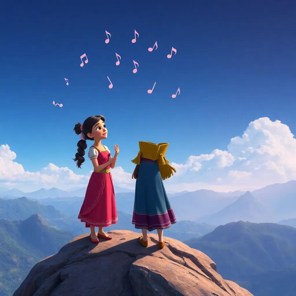 Clara y la mujer cantando juntas en la cima de la montaña, con notas musicales flotando en el aire, paisaje hermoso, estilo amigable para niños, colorido y alegre