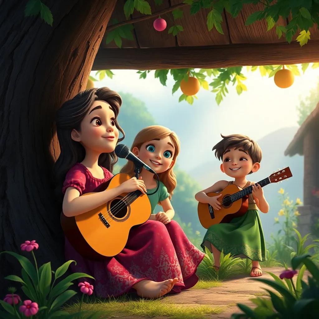 Clara y la cantante rodeadas de la naturaleza, con otros niños del pueblo disfrutando de la música, detalle vibrante, lleno de vida, ambiente festivo