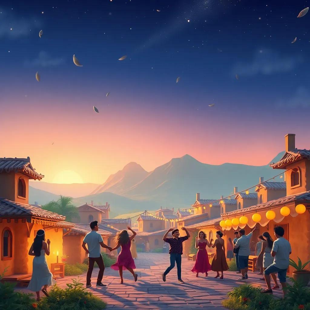 Vista del pequeño pueblo vibrando con canciones, con gente bailando y riendo, montañas al fondo, alegre, detallada, iluminación cálida, estilo encantador