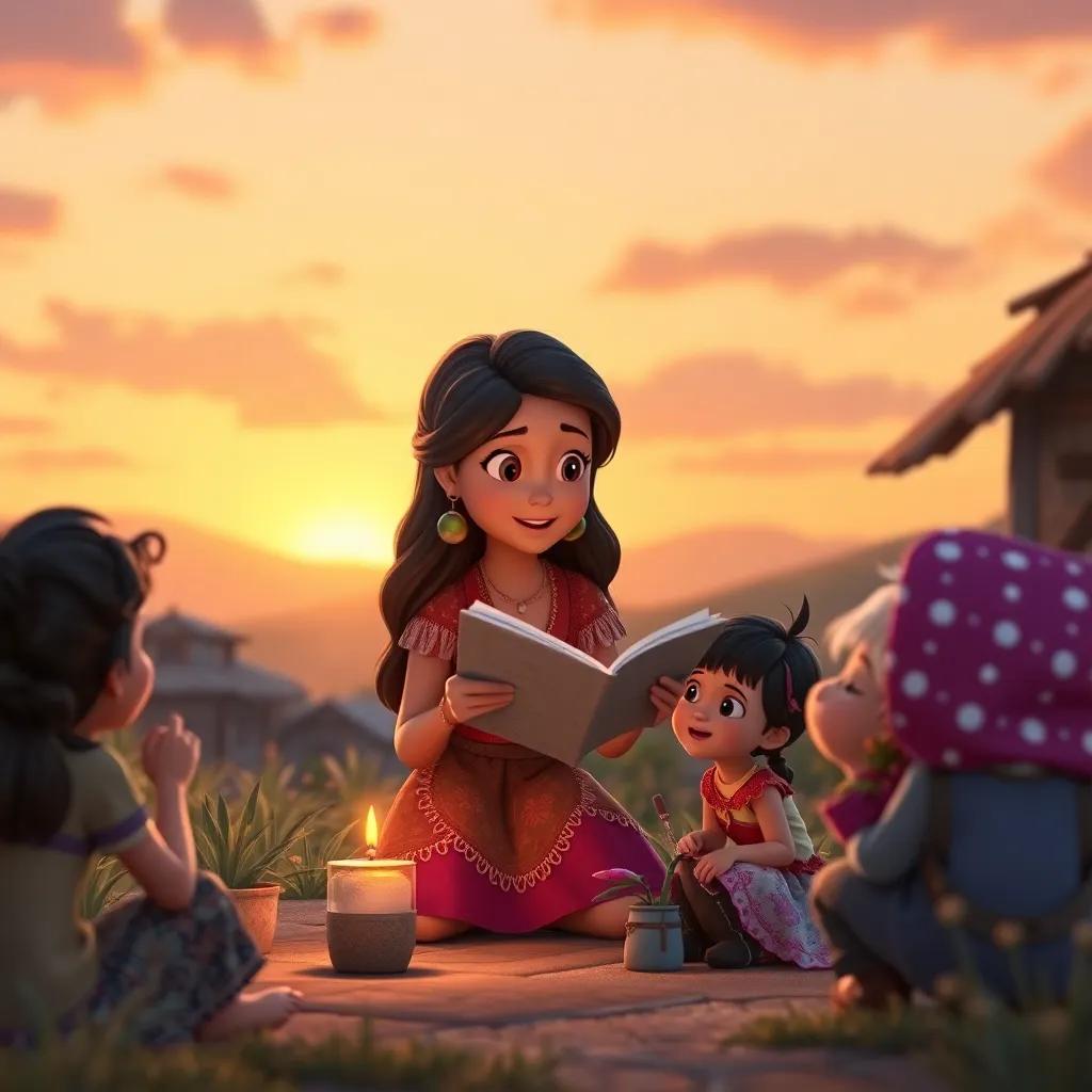 Clara compartiendo historias con los habitantes del pueblo, todos escuchan felices, un atardecer hermoso de fondo, lleno de calidez, arte digital, conmovedor