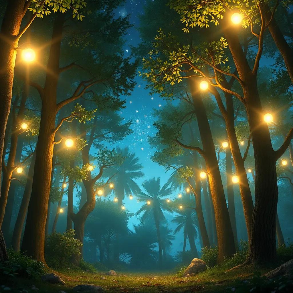 Un claro en el bosque iluminado por luciérnagas brillantes, con estrellas en el cielo, una atmósfera mágica y fresca.
