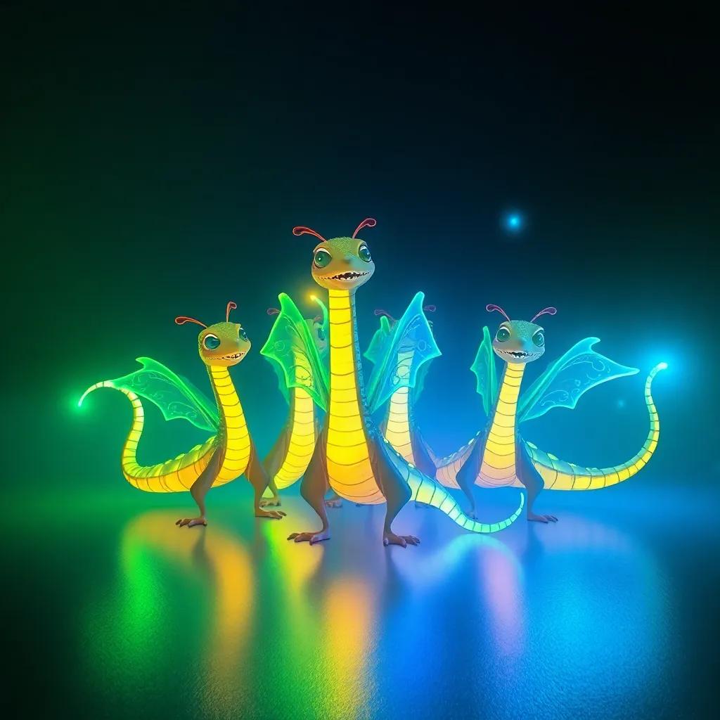 Un grupo de luciérnagas de colores brillantes en un claro, con luces verdes, azules y amarillas, creando un hermoso espectáculo.