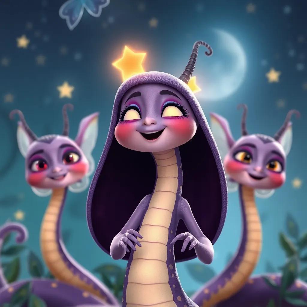 Una luciérnaga llamada Lila cantando con una voz dulce mientras las otras luciérnagas la acompañan en el canto.