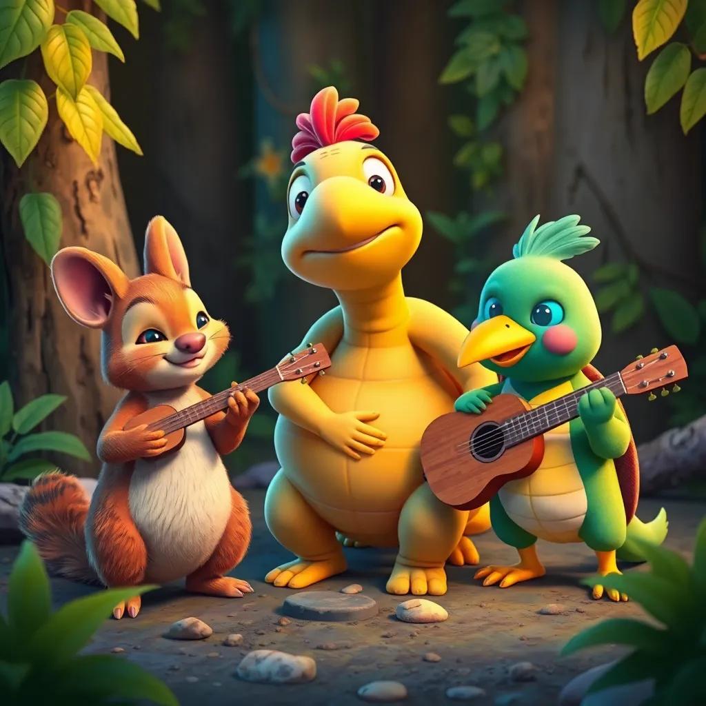Animales del bosque como un conejo, una tortuga y un pájaro, listos para unirse al concierto con instrumentos musicales, alegre y colorido.