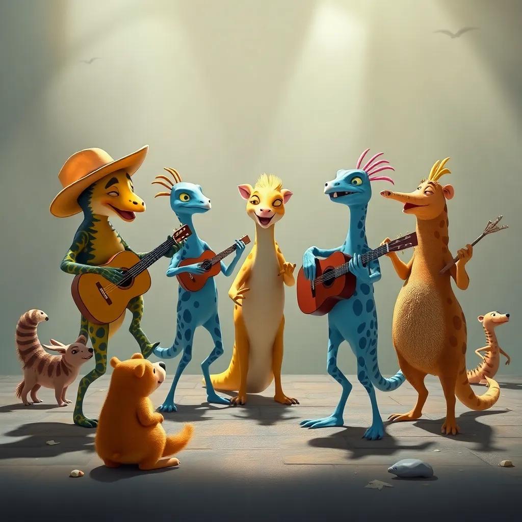 Las luciérnagas y los animales formando una banda en un claro, tocando juntos y bailando, con risas y diversión.