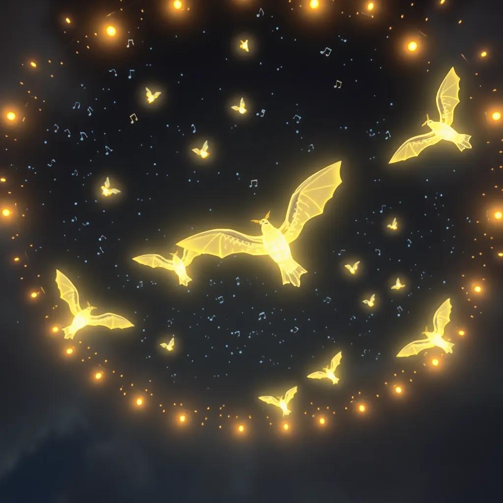 El cielo iluminado con luces danzantes de luciérnagas volando en círculos, con un ambiente de alegría y música.