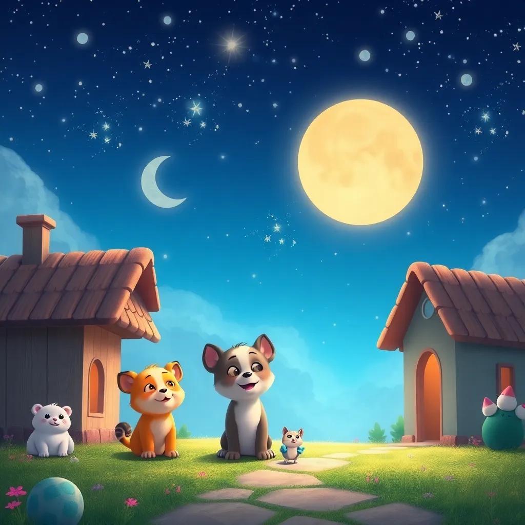 Los animales despidiéndose con sonrisas y regresando a sus casas llenos de felicidad, bajo un cielo estrellado.