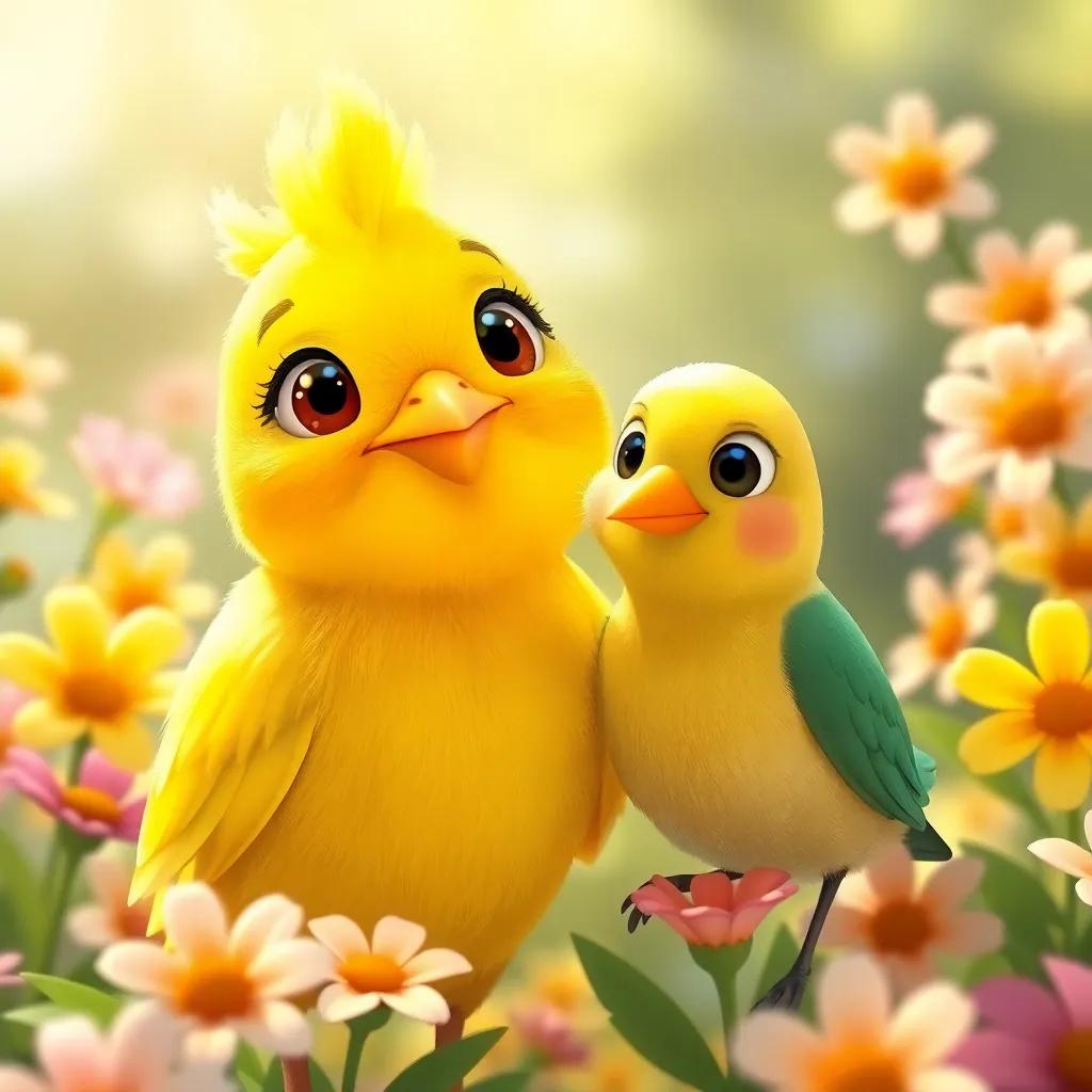 A cheerful yellow canary, Lila, encouraging Pico with sparkling eyes, surrounded by blooming flowers, sunny day, digital art, friendly atmosphere, whimsical.