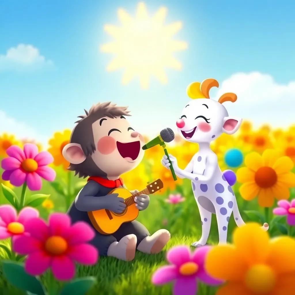 Pico practicing singing with Lila in the sun, vibrant flowers around, Pico is small and timid, Lila is bright and joyful, lively colors, cheerful scene.