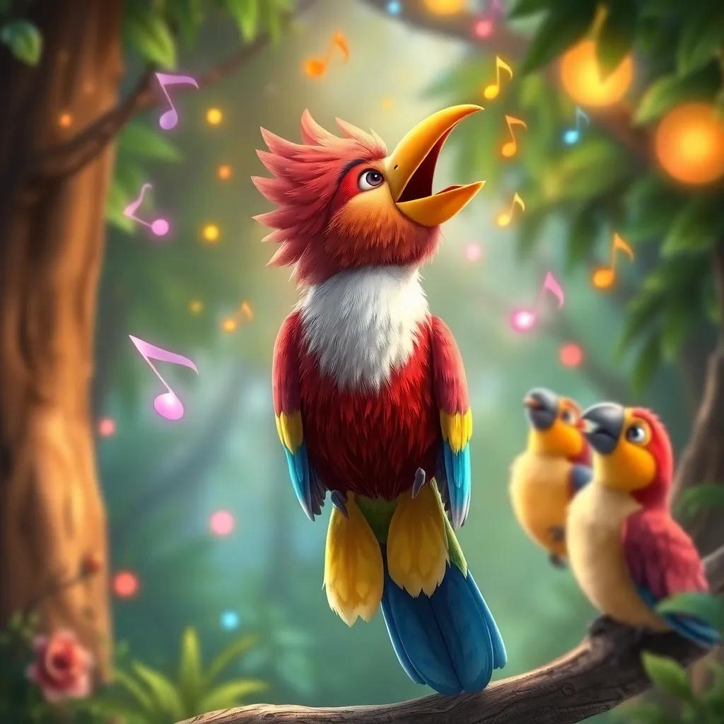 Pico singing beautifully, vibrant music notes around him, the other birds enchanted by his voice, lively forest in the background, magical atmosphere, colorful, detailed art.