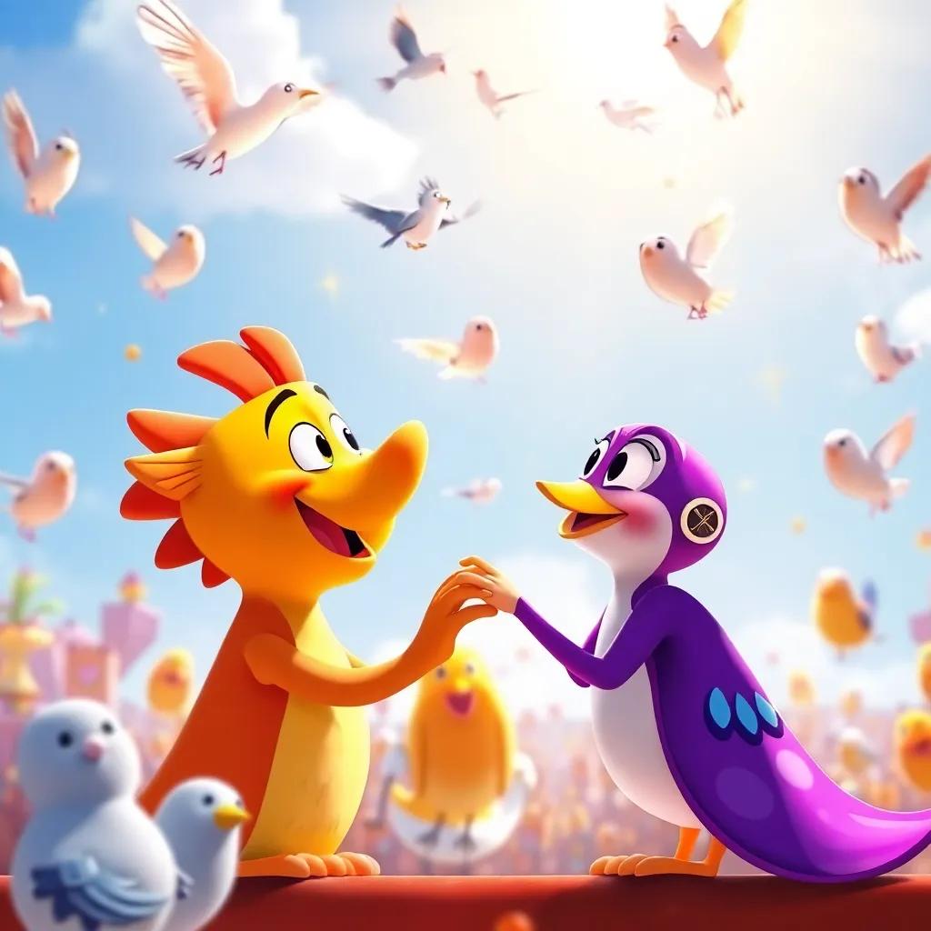 Lila congratulating Pico after his performance, birds surrounding them joyfully, sunshine and happiness, vibrant colors, warm and inviting mood, heartwarming scene.