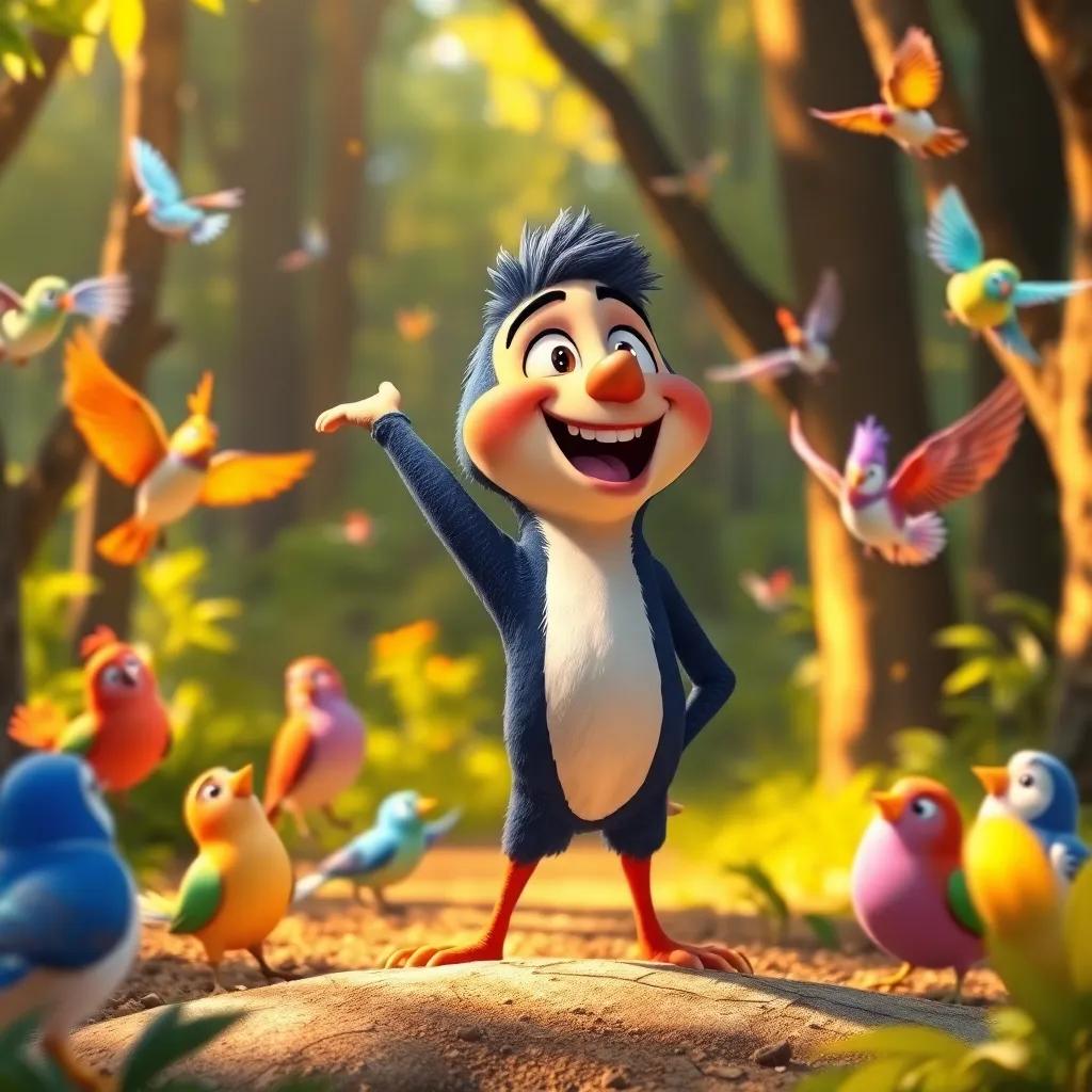 Pico smiling and feeling proud, singing with his friends in the forest, colorful birds dancing in the air, warm sunlight, joyful and colorful environment, high quality.