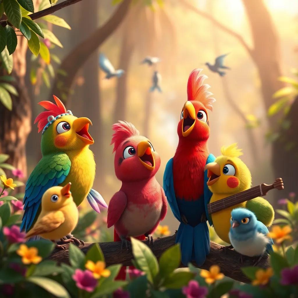 Pico, Lila, and other birds celebrating together, filled with music, happiness and friendship in the beautiful forest, bright colors, vivid details, high quality.
