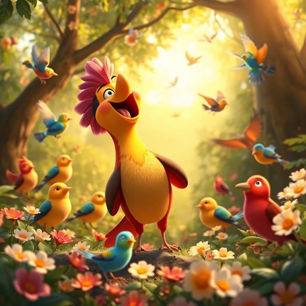 Pico singing joyfully, surrounded by colorful birds in a beautiful forest, filled with flowers and sunlight, magical and friendly environment, digital art, warm tones.