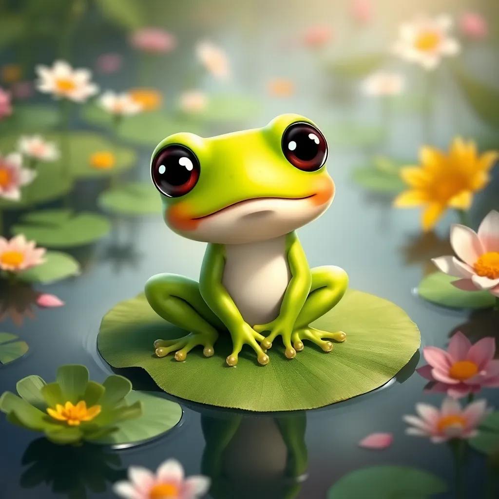 A little frog, Timoteo, with green skin and big, round eyes, sitting on a lily pad in a peaceful pond, surrounded by flowers, digital art, cheerful colors, tranquil atmosphere, high quality