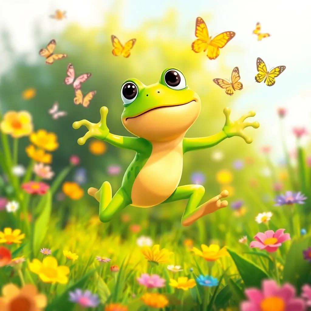 Timoteo the frog, jumping through a colorful meadow, butterflies fluttering around him, singing joyfully, illustration, bright and vibrant, playful vibe, child-friendly