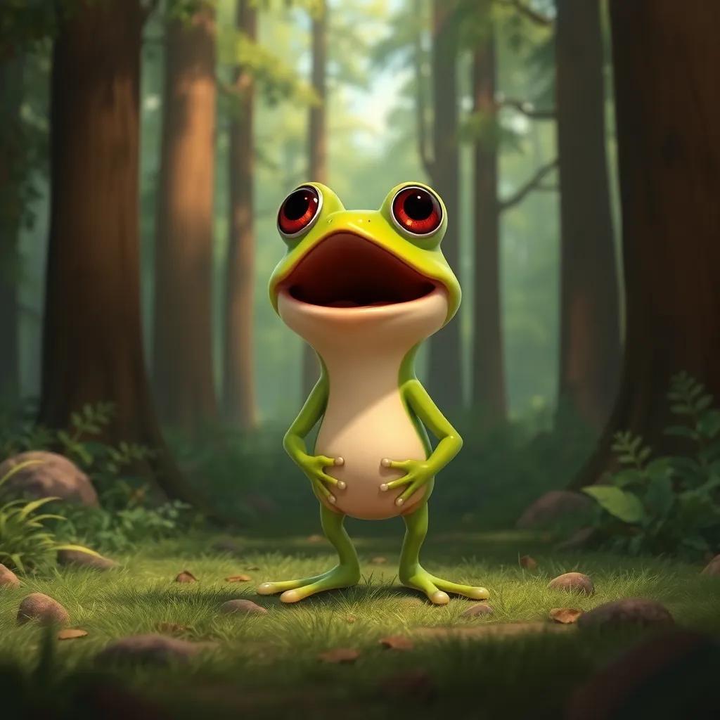 Timoteo, the little frog, standing in a green forest, tall trees around him, singing loudly, with a surprised expression, digital painting, warm and earthy colors, nature setting, high quality
