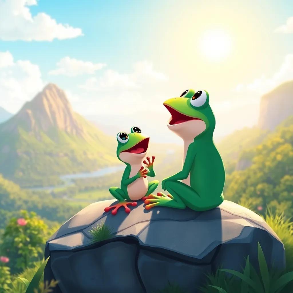 Timoteo the frog, sitting on a rock at the top of a beautiful hill, looking out at a stunning view, singing with enthusiasm, illustration, bright sunlight, lush colors, cheerful vibe, child-friendly