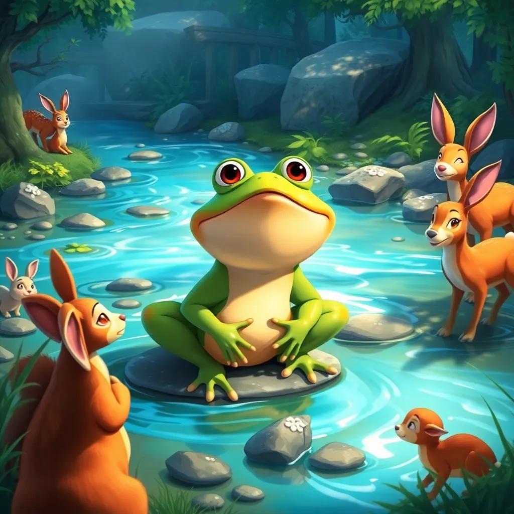 Timoteo, the little frog, at the river with clear blue water flowing, surrounded by woodland creatures like rabbits and deer, all listening happily, digital painting, serene and inviting, colorful scene, high quality