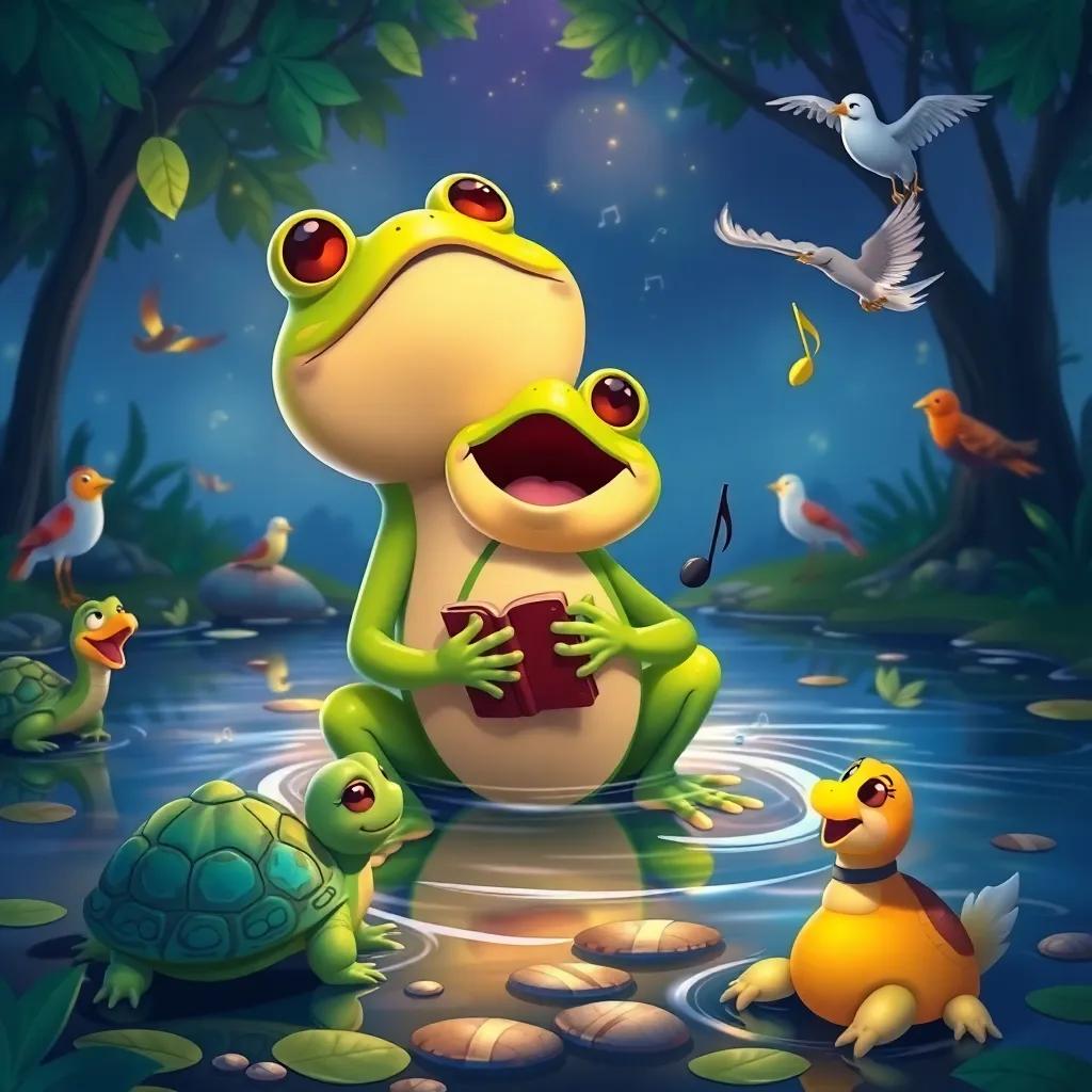 Timoteo the frog, singing delightfully at the river, surrounded by animals like turtles and birds that are enjoying the music, illustration, joyful colors, magical atmosphere, high quality