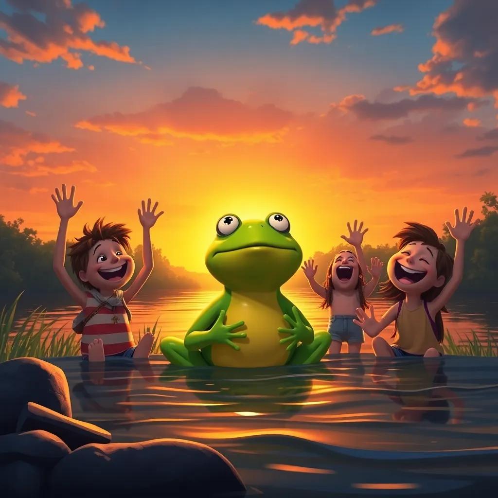 Timoteo, the frog, surrounded by friends, laughing and celebrating while he sings by the river at sunset, with friends waving and enjoying the moment, digital art, warm sunset colors, uplifting, high quality