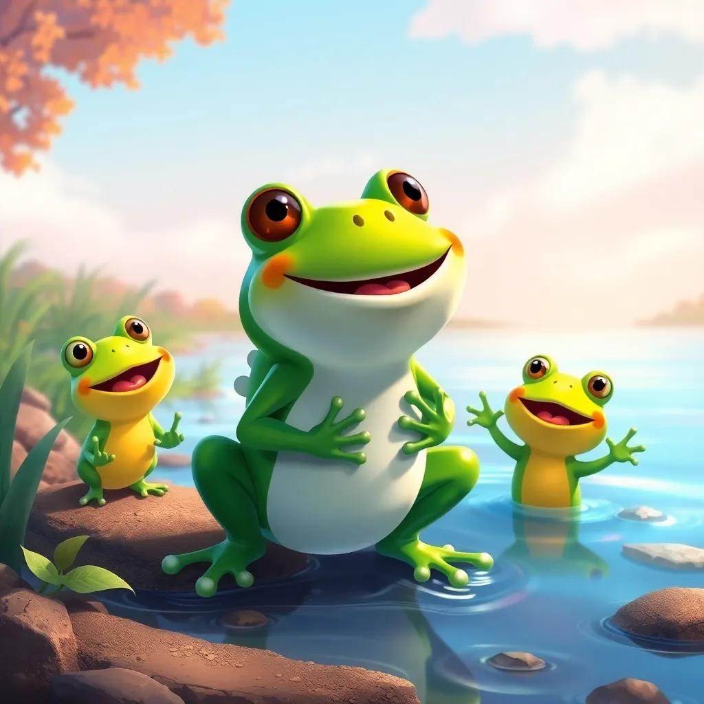 Timoteo, a happy frog, singing with his friends at the riverbank, all enjoying his beautiful melody, digital painting, cheerful colors, playful, engaging atmosphere, high quality