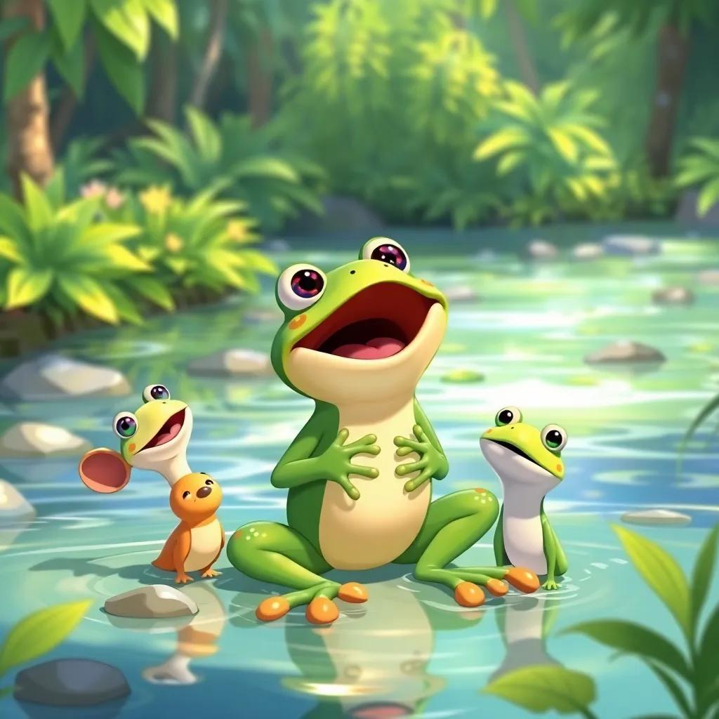Timoteo, the singing frog, enjoying life with his friends at the river, singing full of joy and surrounded by lush nature, illustration, bright and vibrant, joyful atmosphere, high quality