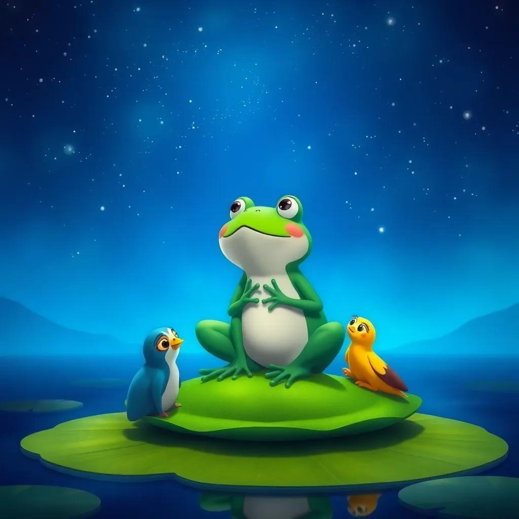 Timoteo, the frog, sitting happily on a lily pad under a starry night sky, singing softly to his friends gathered around him, digital art, peaceful colors, magical night, high quality