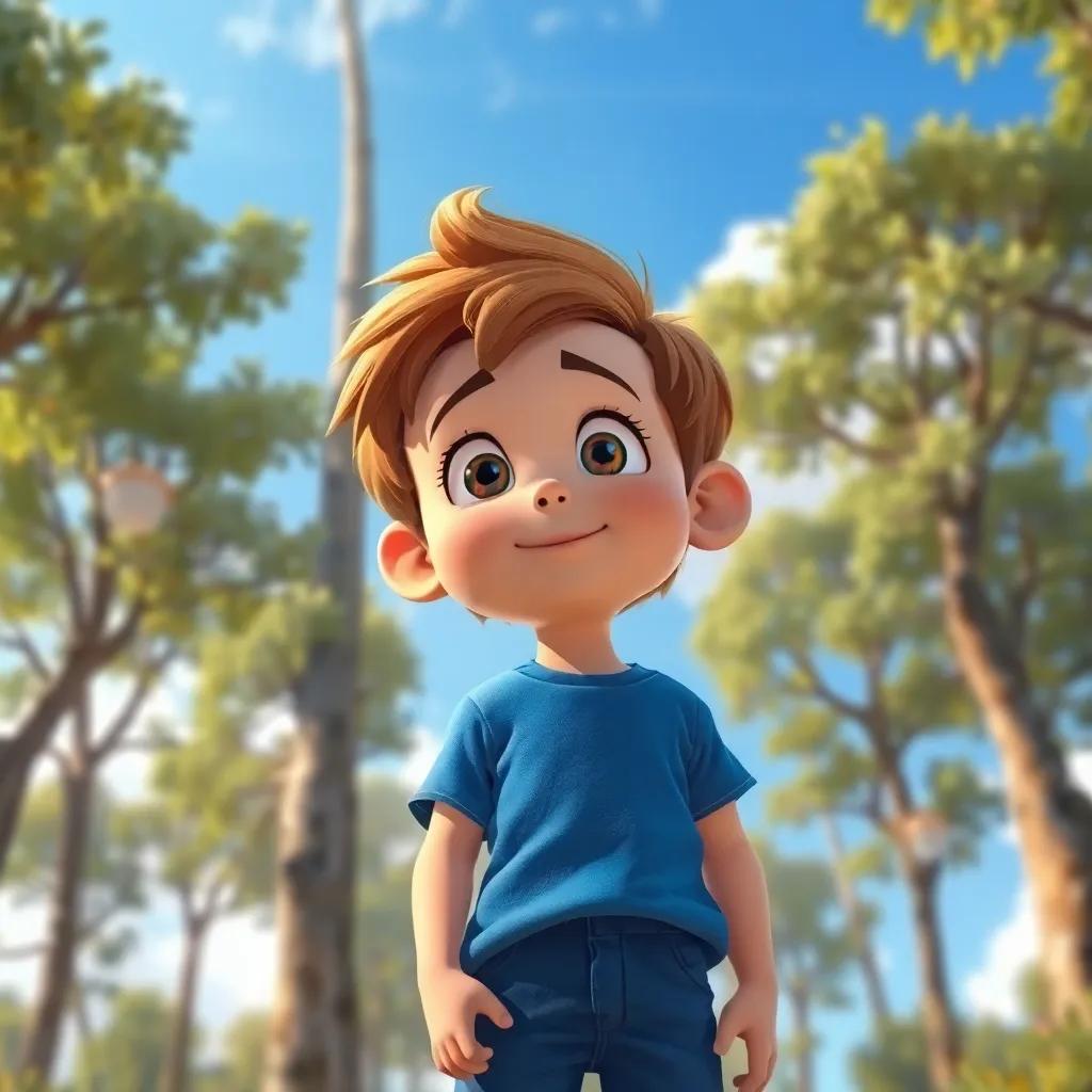 Un niño, Leo, con cabello castaño y rizado, llevando una camiseta azul y pantalones cortos, con una expresión de curiosidad al escuchar la melodía del viento entre árboles altos y cielo soleado, digital art, vibrante, alegre, perspectiva encantadora, alta calidad