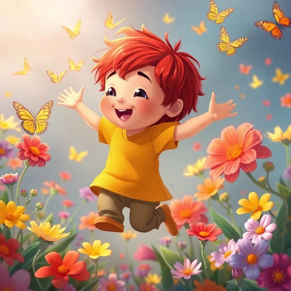 Leo, un niño pequeño con cabello castaño y rizado, saltando emocionado entre flores coloridas que parecen bailar al viento, mariposas de colores volando a su alrededor, ilustración, mágica, alegre, atmósfera divertida, alta calidad