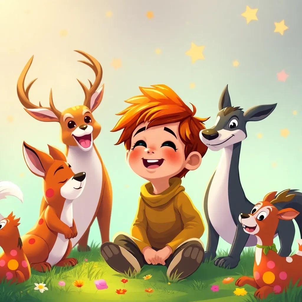 Leo, un niño con cabello castaño y rizado, en un claro con animales, como un conejo, ciervo y zorro, todos riendo y cantando juntos, una fiesta mágica llena de alegría, ilustración, colorida, vibrante, cálida, alta calidad