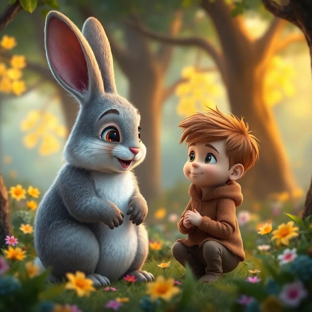 Un conejo, con grandes orejas y pelaje suave, hablando con Leo, un niño con cabello castaño y rizado, en un bosque mágico lleno de árboles y flores brillantes, digital art, encantador, amigable, atmósfera divertida, alta calidad