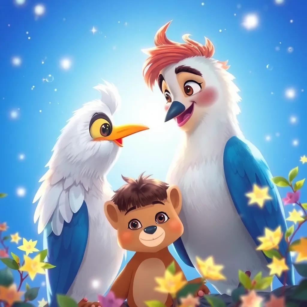 Un ciervo con pelaje brillante, hablando con Leo, un niño con cabello castaño y rizado, bajo un cielo azul, rodeado de hojas brillantes y mágicas, ilustración, cálida, luminosa, perspectiva agradable, alta calidad