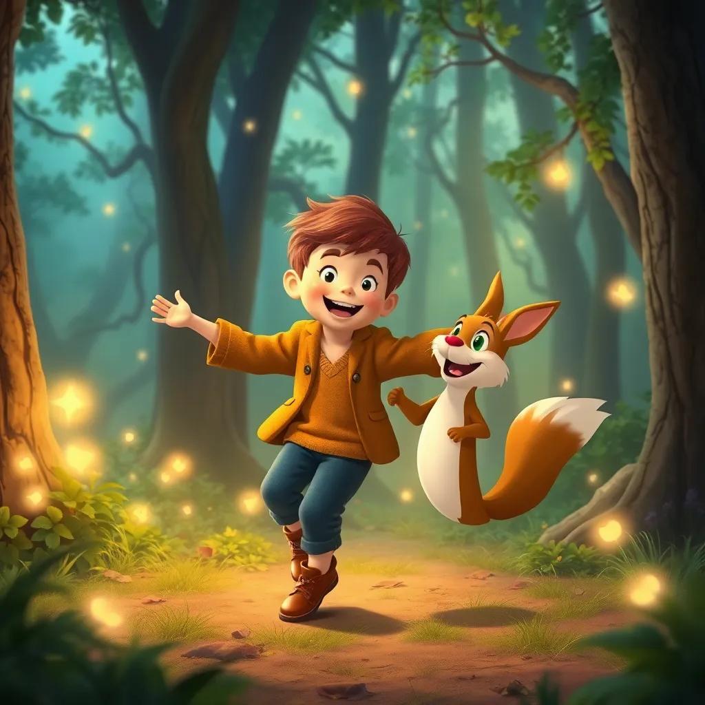 Leo, un niño con cabello castaño y rizado, saltando y bailando con un zorro pequeño en un bosque mágico, con luces brillantes y risas alrededor, ilustración, alegre, divertida, atmósfera mágica, alta calidad