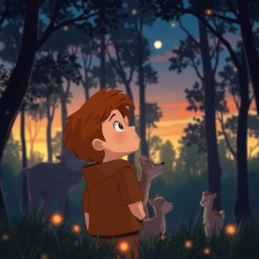 Un atardecer mágico en el bosque con Leo, un niño con cabello castaño y rizado, mirando hacia atrás a sus amigos animales, mientras el viento susurra suavemente, ilustración, nostálgica, suave, atmosfera mágica, alta calidad