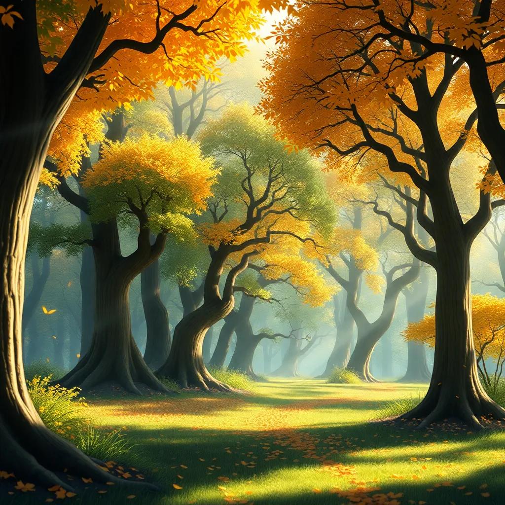 A beautiful enchanted forest with dancing trees and golden leaves, a soft breeze brings a magical melody, digital art, bright colors, inviting atmosphere, high quality