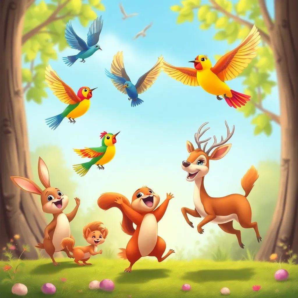 Colorful birds flying in harmony, singing joyfully along with the wind, a rabbit, a squirrel, and a deer jumping in excitement, illustration, cheerful, nature-themed, high quality